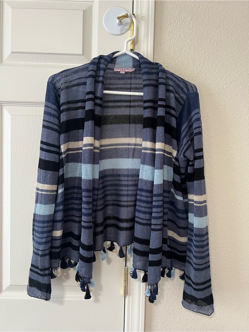 Calypso St. Barth Blue Striped Linen Open Front Tassel Cardigan XS